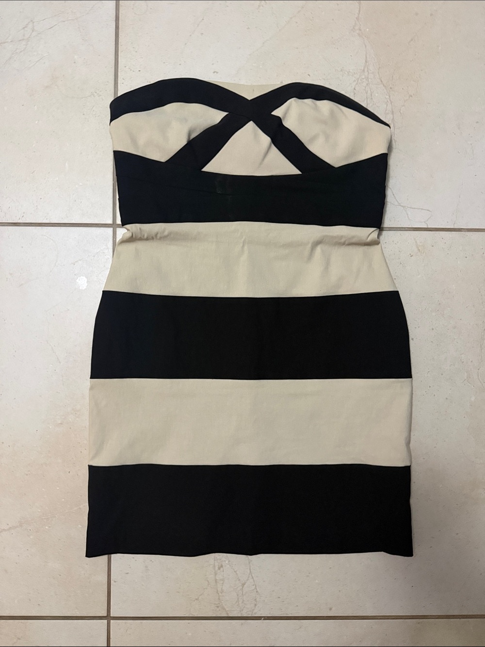 le chateau Strapless Black and Cream Striped Bodycon Dress